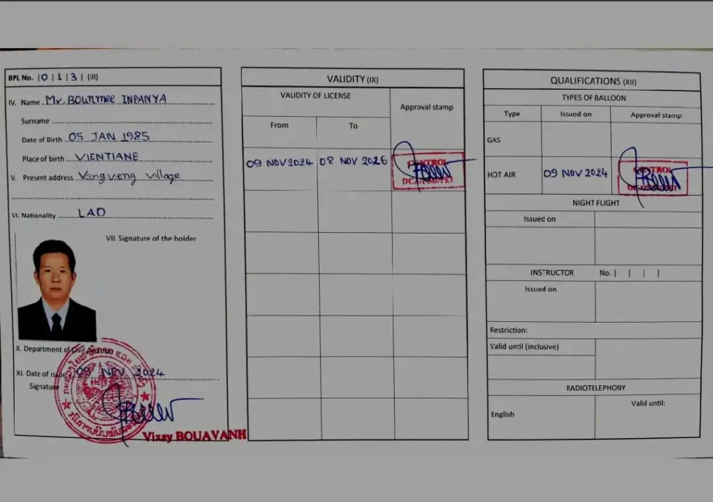 Vang vieng hot air ballooning pilit license Vang vieng hot air ballooning pilit license
