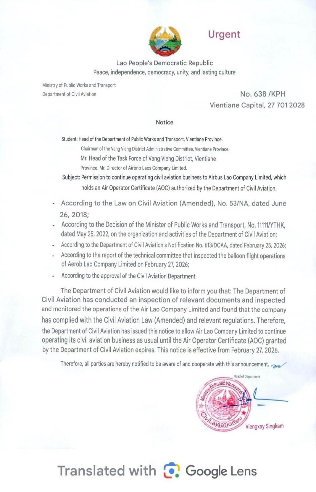 Latest authority update regarding Vang Vieng flight suspension (27 Feb 2026)